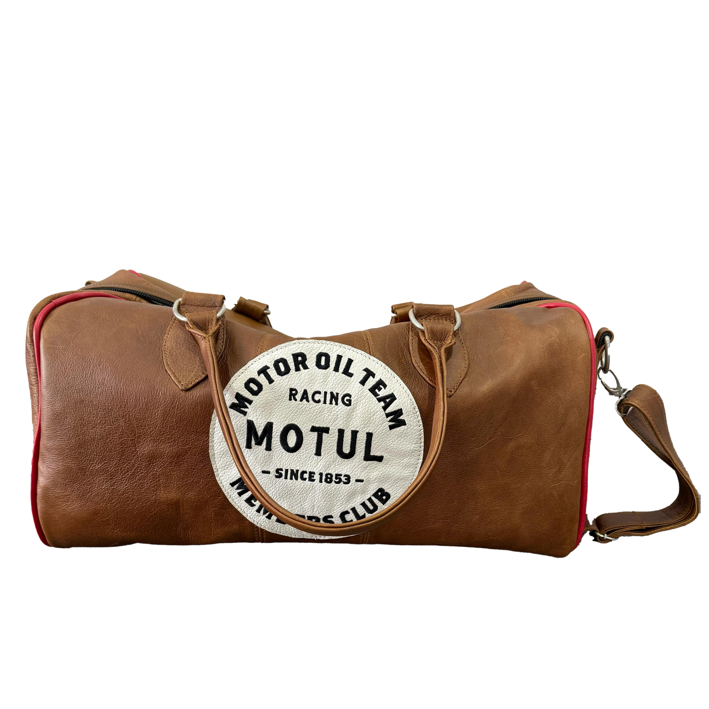 Motul Tan Leather Bag Black and White